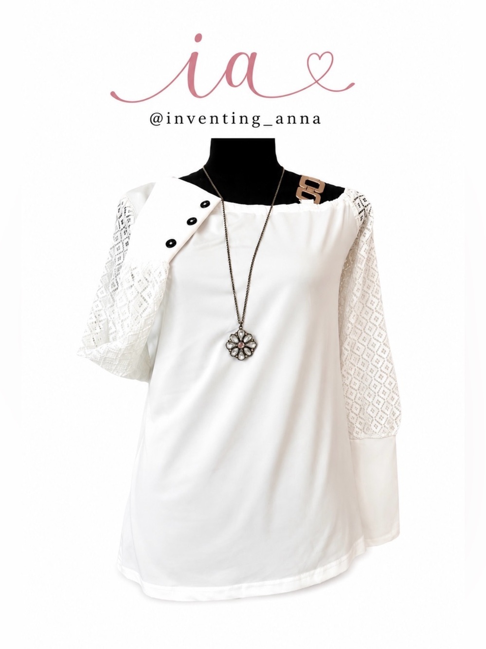 Lightweight White/Off White Top w/Lace Sleeve Design & Gold Buckle Accents
